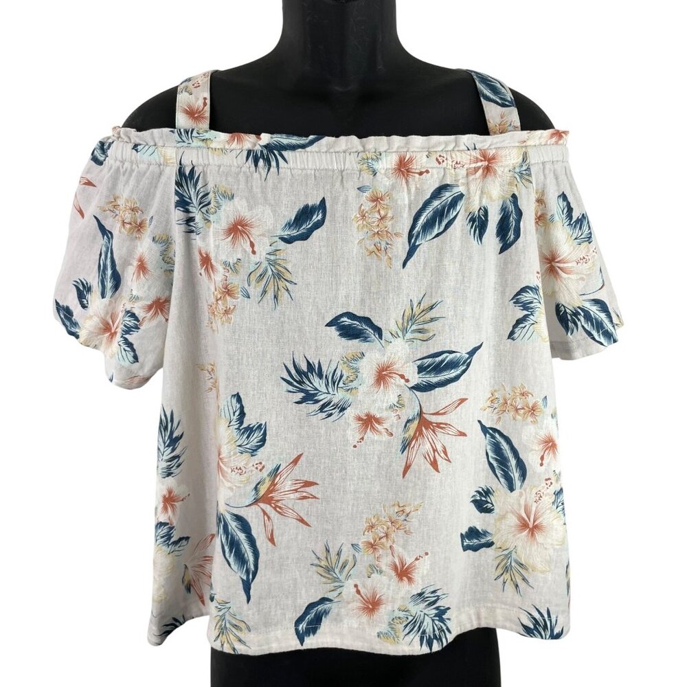 Stitch Star Womens Size M Hawaiian Print Linen Blend Cold Shoulder Shirt
